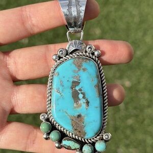 Navajo Native American Sterling Silver Blue Turquoise Pendant R Yazzie Gift